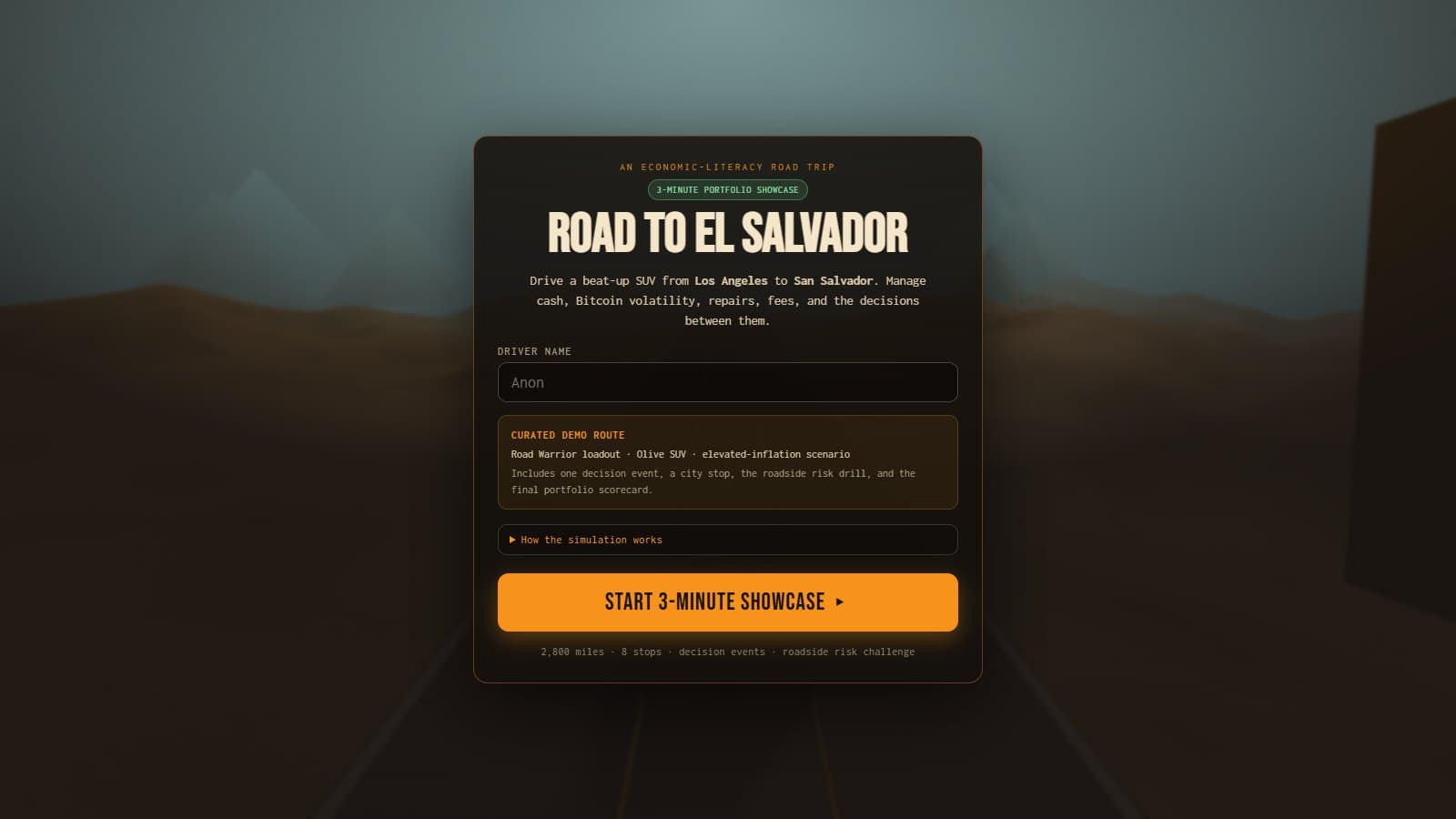 Road to El Salvador three-minute showcase start panel over a desert highway.